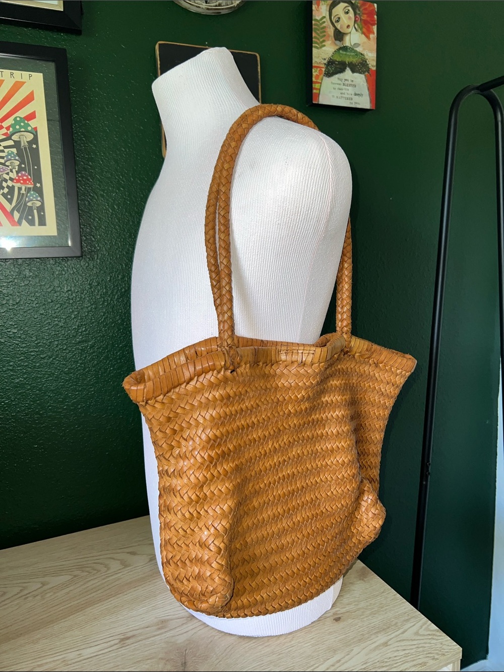 Woven genuine Leather Tote Bag - Tan